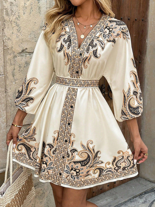 Floral V-Neck Tie-Waist Midi Dress – 3/4 Sleeves, Woven Polyester