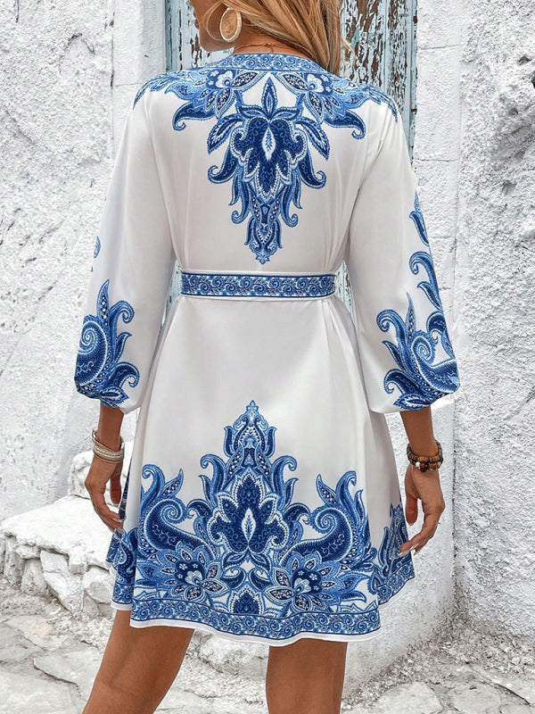 Floral V-Neck Tie-Waist Midi Dress – 3/4 Sleeves, Woven Polyester