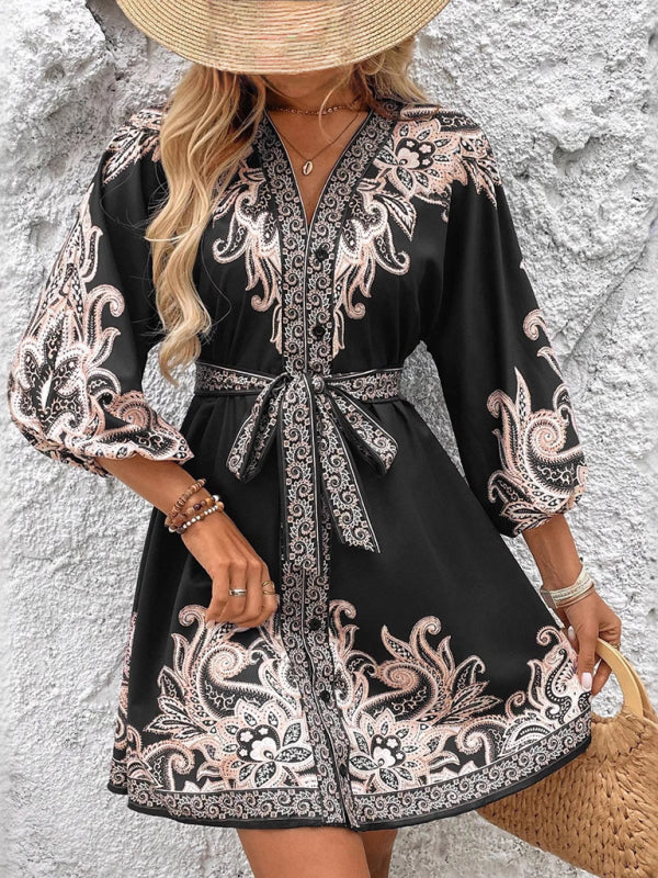 Floral V-Neck Tie-Waist Midi Dress – 3/4 Sleeves, Woven Polyester