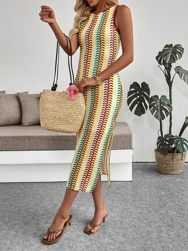 Colorful Striped Crochet Slim Dress – Sleeveless Knit Midi for Vacation