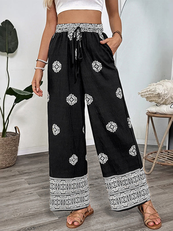 Printed Elastic Waist Straight Pants