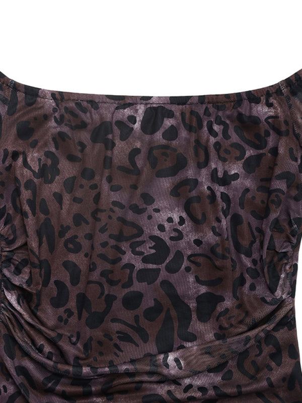 Retro Off-Shoulder Leopard Mesh Dress – Long Sleeve & Elegant Fit