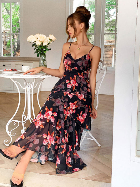 Black Pink Floral Layered Sling Maxi Dress – Vacation Style