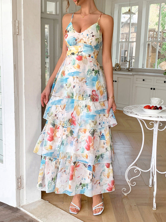 Elegant Blue Vacation Sling Dress – Lightweight Woven Polyester Maxi