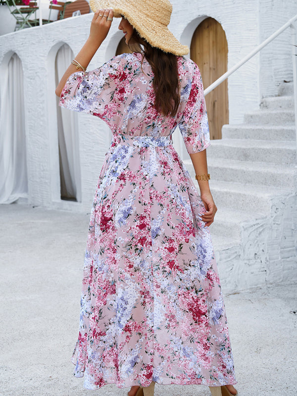 Pink Tie-Waist Maxi Dress – Flowy Vacation Print, Lightweight & Woven