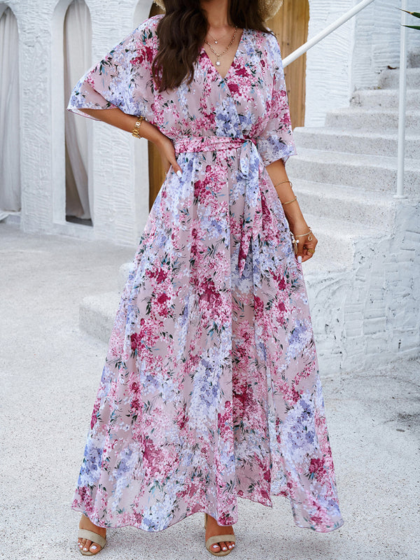 Pink Tie-Waist Maxi Dress – Flowy Vacation Print, Lightweight & Woven