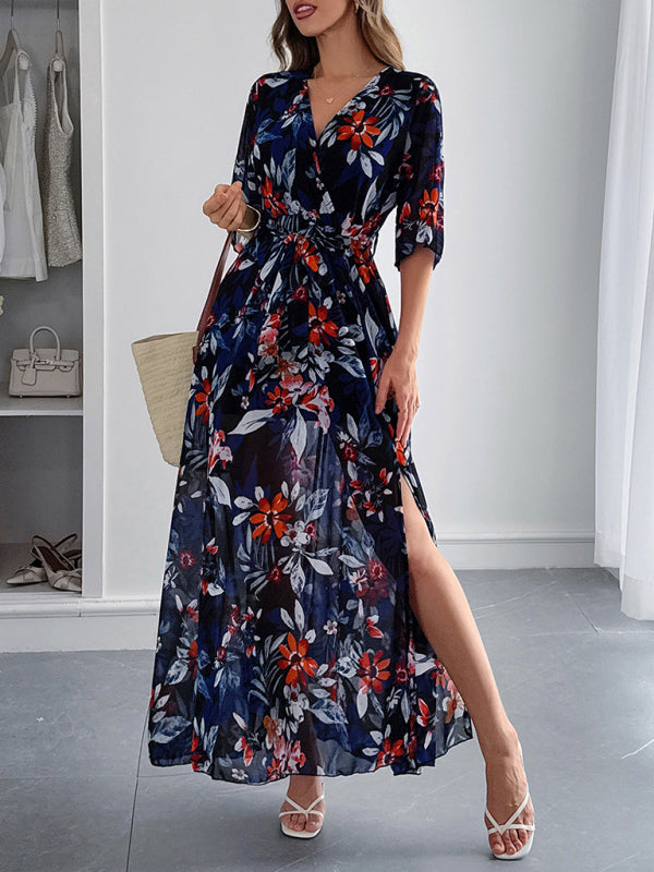 Holiday Black Printed Tie Maxi Dress – Flowy Vacation Style