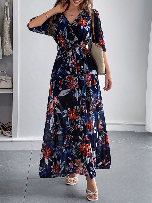 Holiday Black Printed Tie Maxi Dress – Flowy Vacation Style