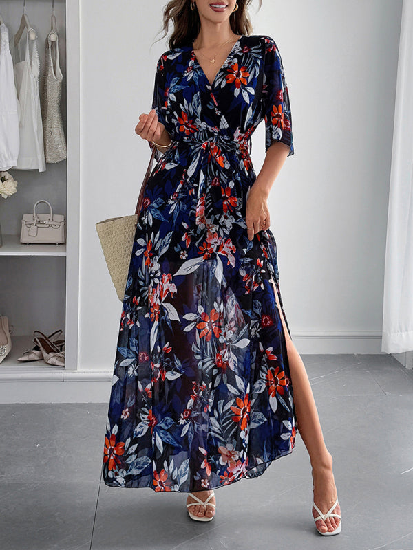 Holiday Black Printed Tie Maxi Dress – Flowy Vacation Style