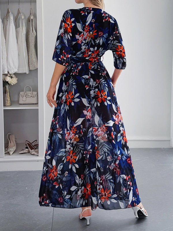 Holiday Black Printed Tie Maxi Dress – Flowy Vacation Style