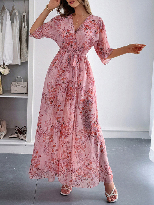 Holiday pink printed strappy maxi dress