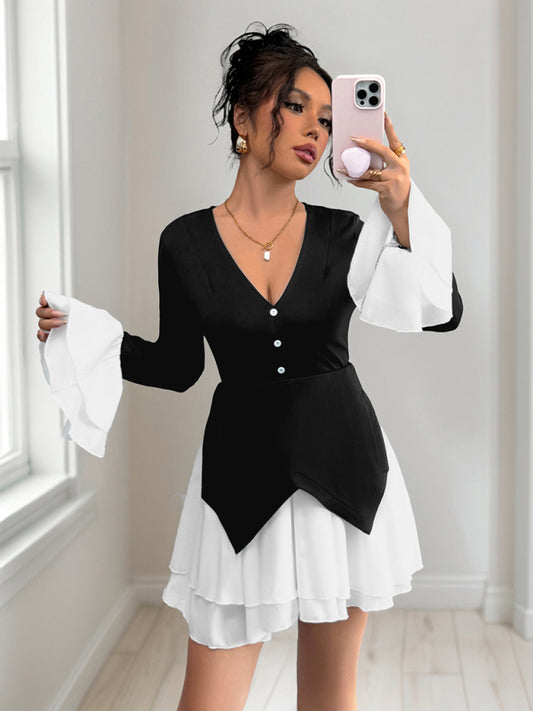 Long-Sleeved Ruffled Midi Dress with Contrast Skirt – Elegant Autumn Style