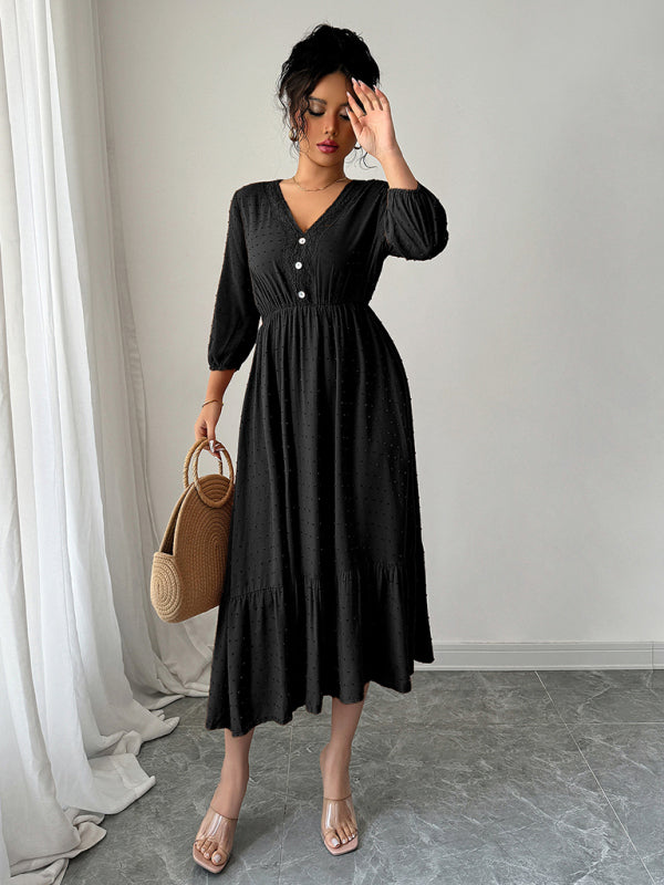 Lace Patchwork Midi Dress – Black Daily Wear with Woven Viscose Fabric
