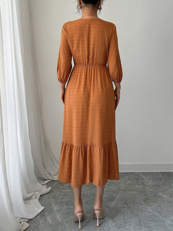 Orange Lace Patchwork Midi Dress – Flowy Woven Viscose, Four-Season Style