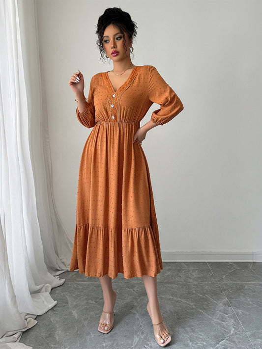 Orange Lace Patchwork Midi Dress – Flowy Woven Viscose, Four-Season Style