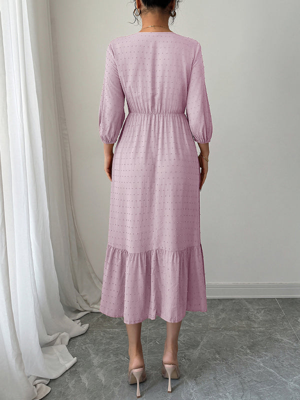 Pink Lace Midi Dress – Woven Viscose, Long Sleeve, Elegant Daily Wear