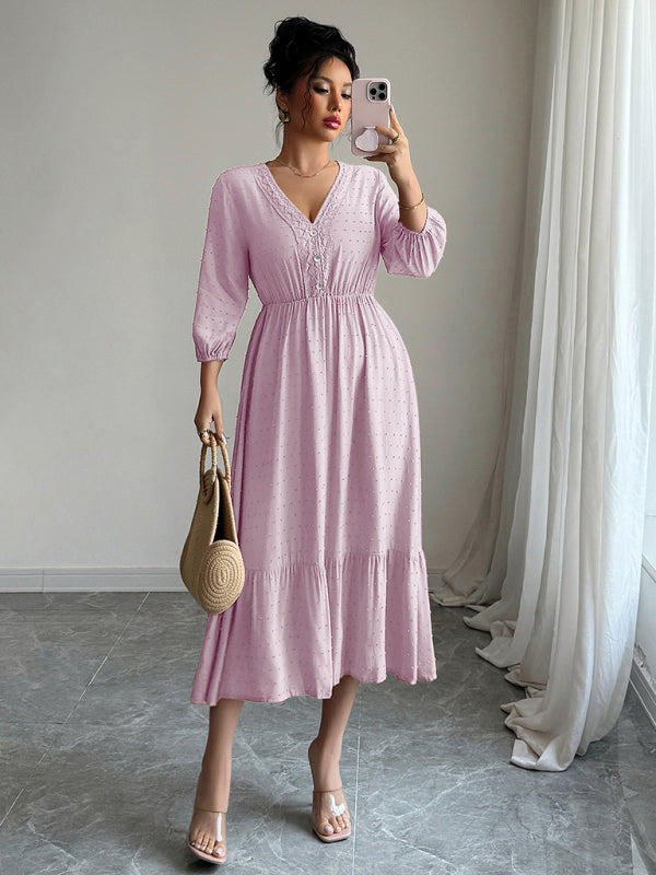 Pink Lace Midi Dress – Woven Viscose, Long Sleeve, Elegant Daily Wear