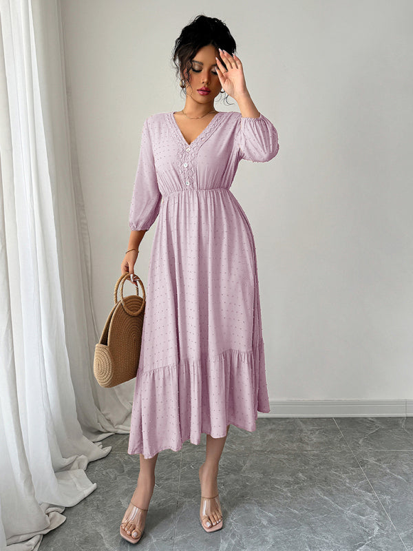 Pink Lace Midi Dress – Woven Viscose, Long Sleeve, Elegant Daily Wear