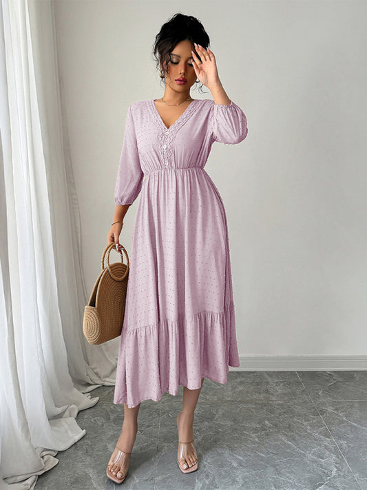 Pink Lace Midi Dress – Woven Viscose, Long Sleeve, Elegant Daily Wear