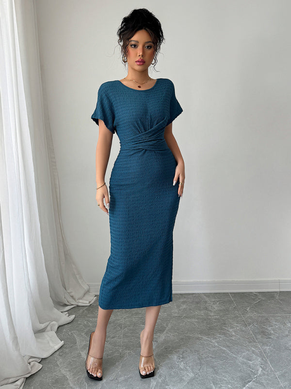 Dark Blue Fitted Waist Knit Midi Dress – Soft Stretch, Everyday Style