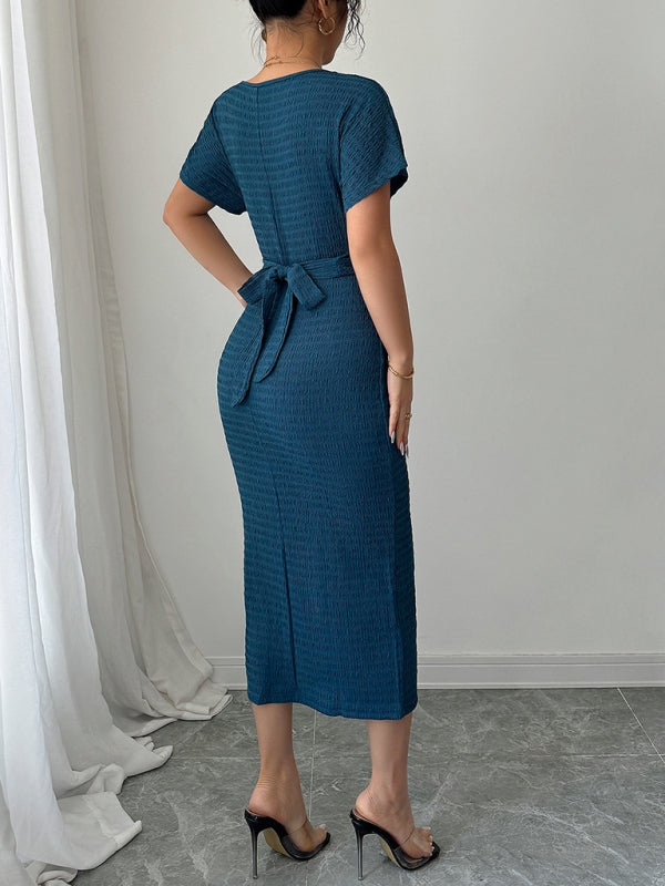 Dark Blue Fitted Waist Knit Midi Dress – Soft Stretch, Everyday Style