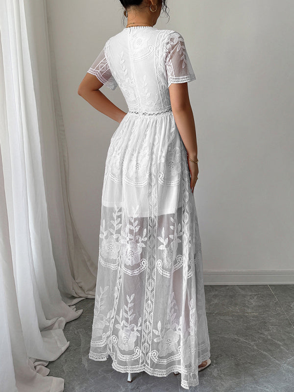 White Lace Hollow Short Sleeve Midi Dress – Elegant Woven Daily Look