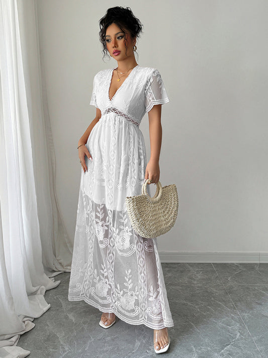 White Lace Hollow Short Sleeve Midi Dress – Elegant Woven Daily Look