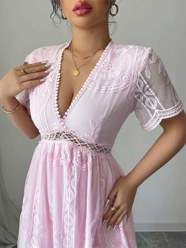 Pink Lace Hollow Midi Dress – Short Sleeves, Daily Chic Style