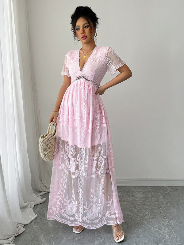 Pink Lace Hollow Midi Dress – Short Sleeves, Daily Chic Style