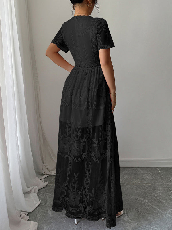 Black Lace Hollow Short Sleeve Midi Dress – Elegant Woven Daily Wear