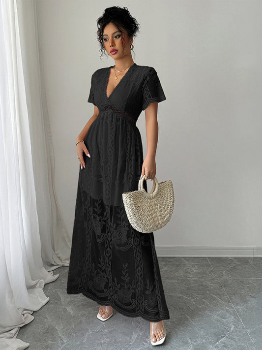 Black Lace Hollow Short Sleeve Midi Dress – Elegant Woven Daily Wear
