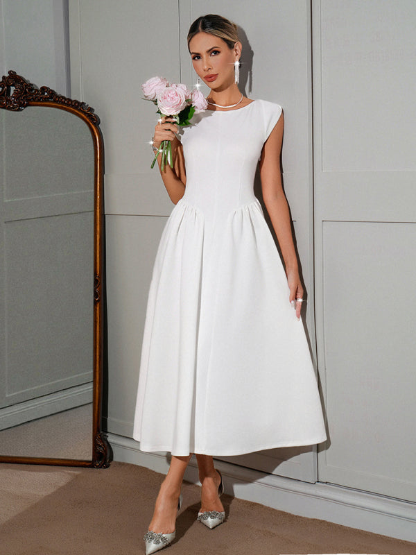 French-Inspired Solid White Midi Dress – Elegant Woven Style for Spring-Summer