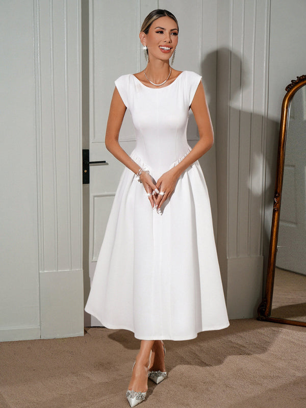 French-Inspired Solid White Midi Dress – Elegant Woven Style for Spring-Summer