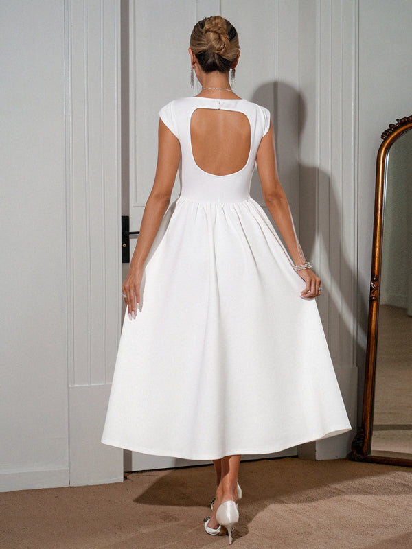 French-Inspired Solid White Midi Dress – Elegant Woven Style for Spring-Summer