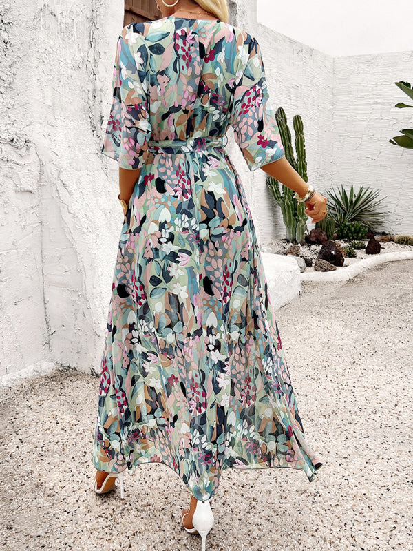 Tropical Print Short Sleeve Maxi Dress