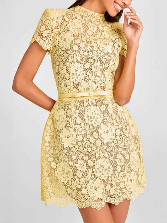 Lace Yellow See-Through Round Neck Miniskirt Dress – Chic & Lightweight