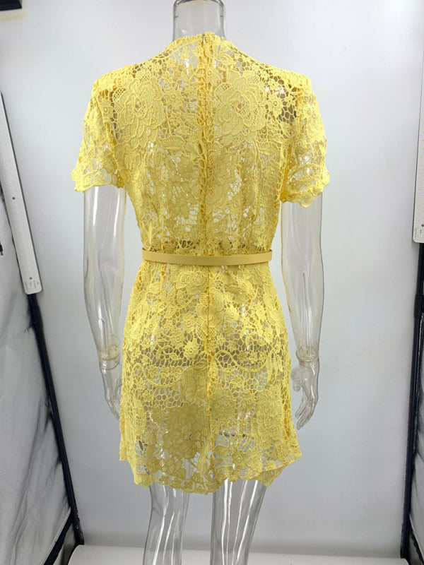 Lace Yellow See-Through Round Neck Miniskirt Dress – Chic & Lightweight