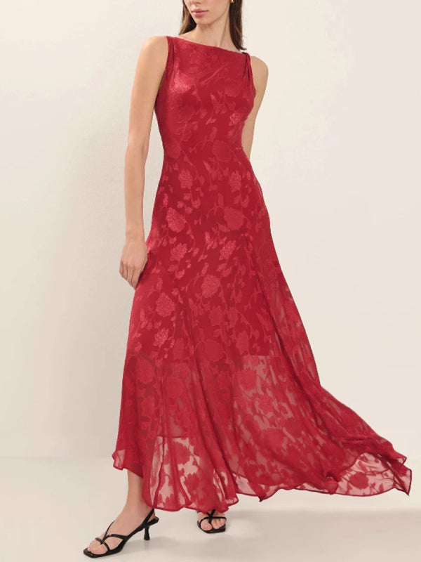 Red Jacquard Lace Backless Dress – Slim Fit & Irregular Hem