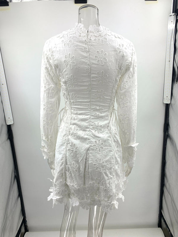 White Long Sleeve Lace V-Neck Slim Fit Mini Dress – Elegant & Lightweight
