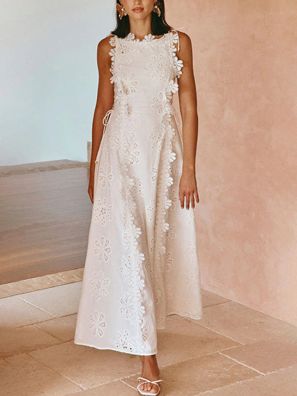 Lace Embroidery Tie-Strap Maxi Dress – Fitted, Woven & Elegant