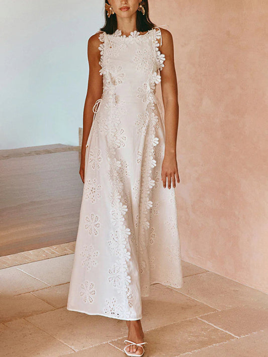 Lace Embroidery Tie-Strap Maxi Dress – Fitted, Woven & Elegant