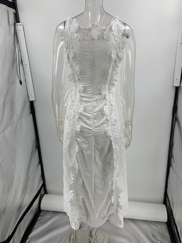 Lace Embroidery Tie-Strap Maxi Dress – Fitted, Woven & Elegant