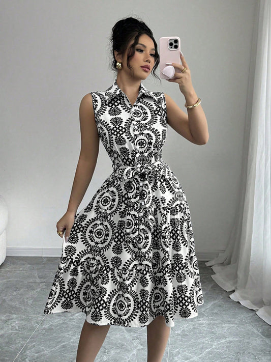 Fashionable off-shoulder waist-binding printed sleeveless dress