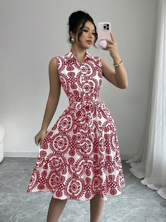 Fashionable off-shoulder waist-binding red printed sleeveless dress