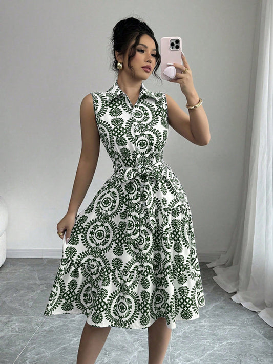Fashionable off-shoulder waist-binding green printed sleeveless dress