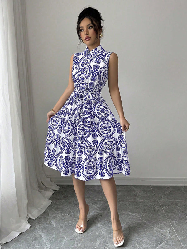 Blue Off-Shoulder Waist-Tie Sleeveless Dress