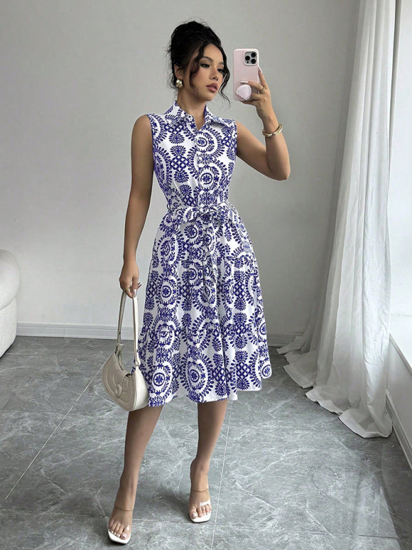 Blue Off-Shoulder Waist-Tie Sleeveless Dress