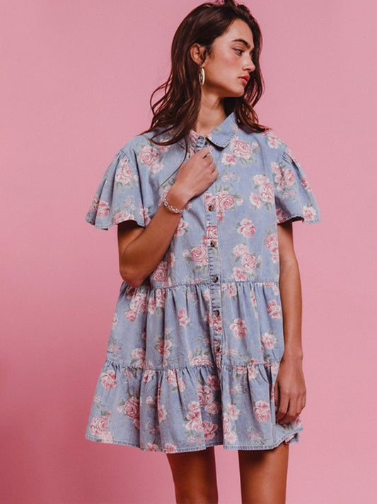 Light Blue Floral Denim A-Line Shirt Dress with Lapel – Woven Cotton