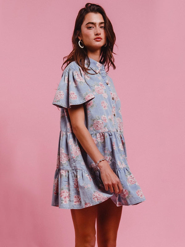 Light Blue Floral Denim A-Line Shirt Dress with Lapel – Woven Cotton