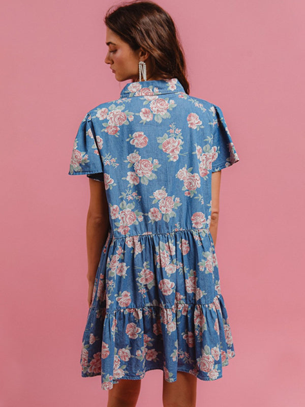 Blue Floral Denim A-Line Lapel Shirt Dress – Woven Cotton, Casual Fit